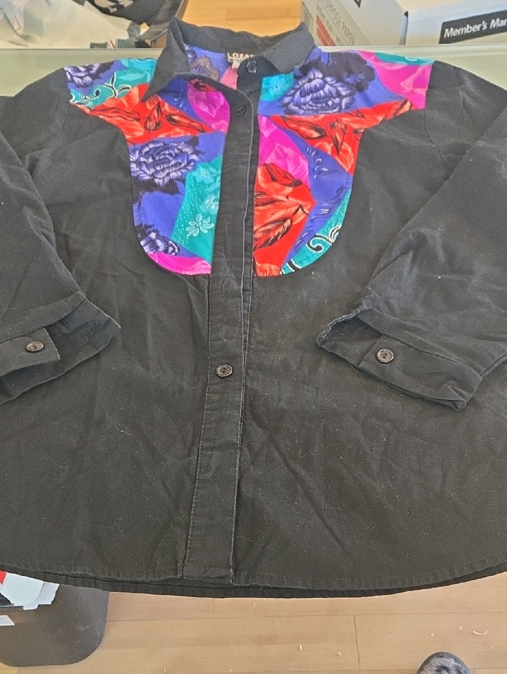 Men's Black Casual Button-Down Shirt with Multicolor Floral Yoke
